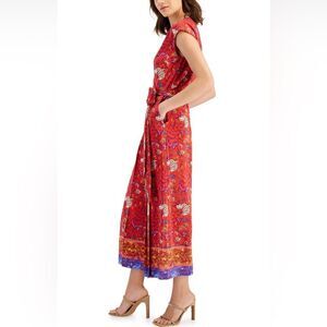 Petite Printed Pleated V-neck Jumpsuit In Rust